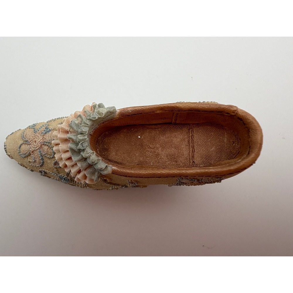 Miniature Decorative Shoe Figurine Floral Embroidery Ruffled Ribbon Peach Tan - Picture 5 of 7
